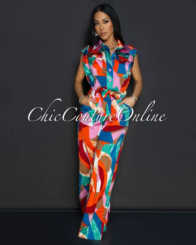 Kenji Red Color Block Cargo Silk Jumpsuit sold by Chic Couture
