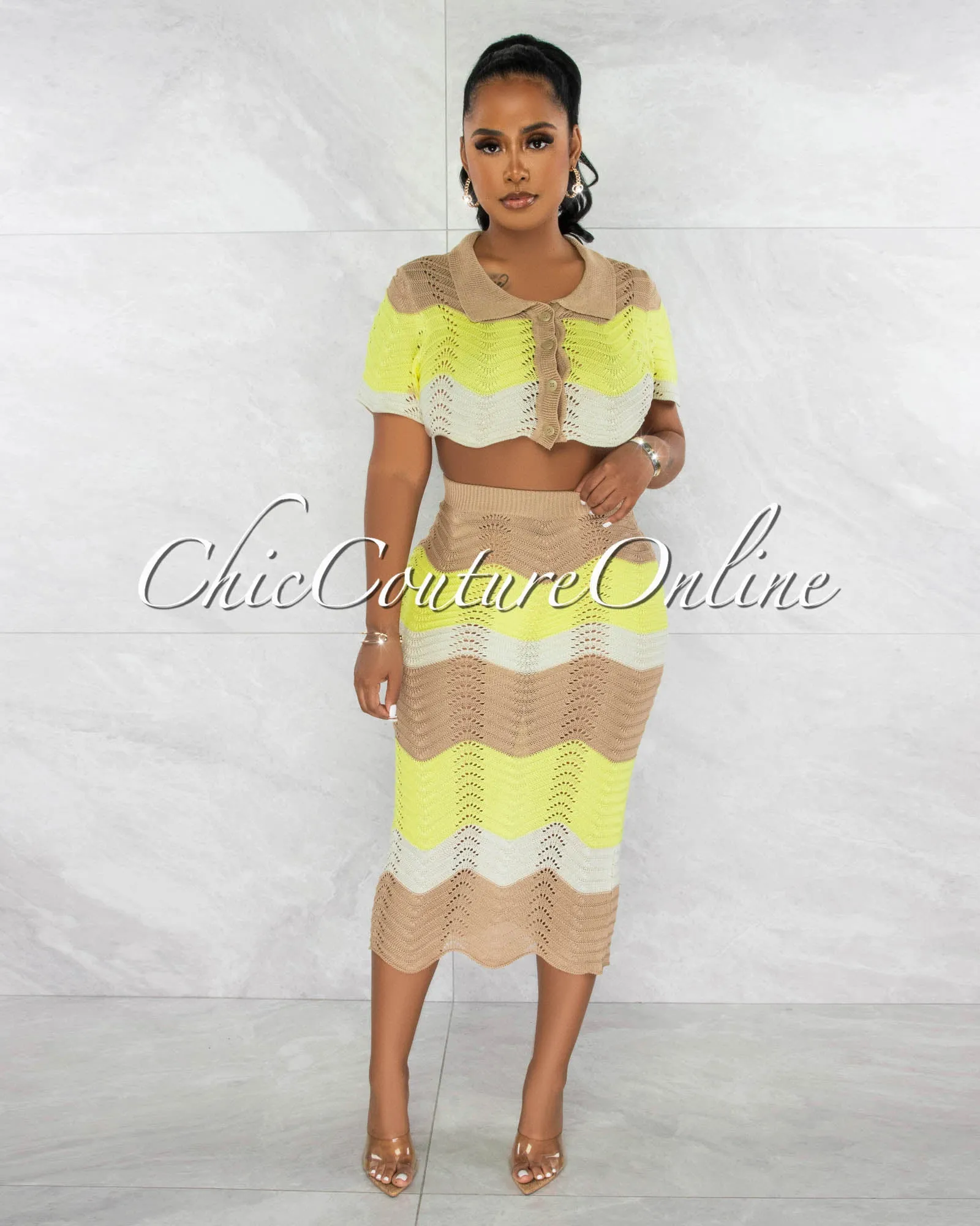 *Tiana Mocha Yellow Chevron Crop Top & Crochet Cover-Up Skirt Set sold by Chic Couture product image thumbnail 3