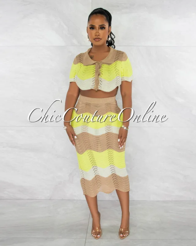 *Tiana Mocha Yellow Chevron Crop Top & Crochet Cover-Up Skirt Set sold by Chic Couture