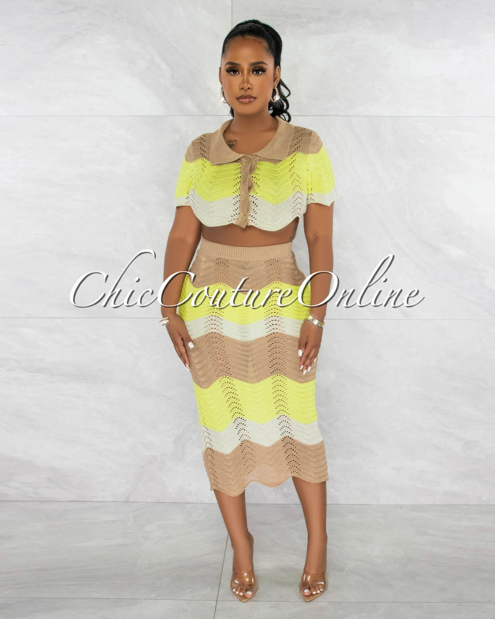 *Tiana Mocha Yellow Chevron Crop Top & Crochet Cover-Up Skirt Set sold by Chic Couture