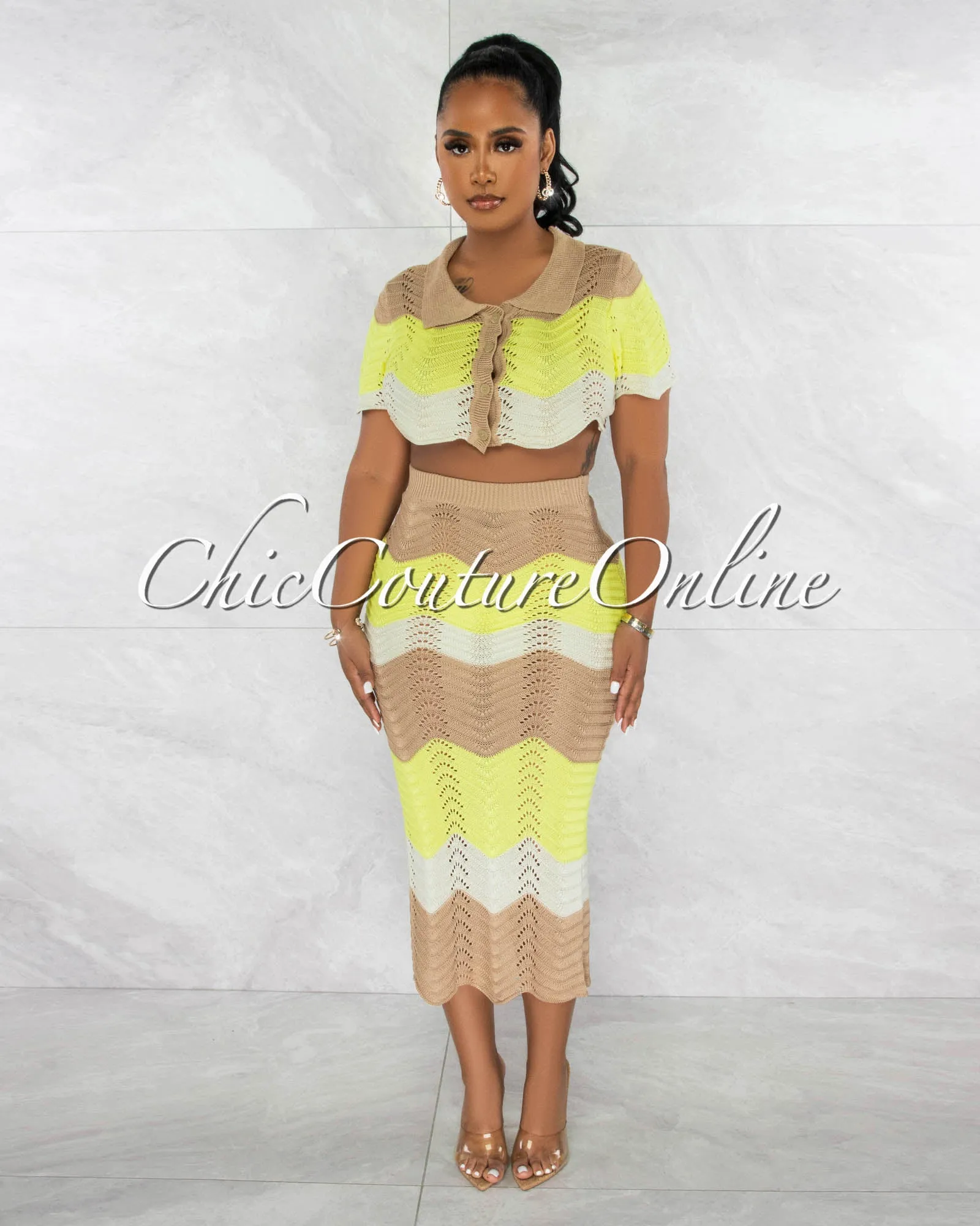 *Tiana Mocha Yellow Chevron Crop Top & Crochet Cover-Up Skirt Set sold by Chic Couture product image thumbnail 2