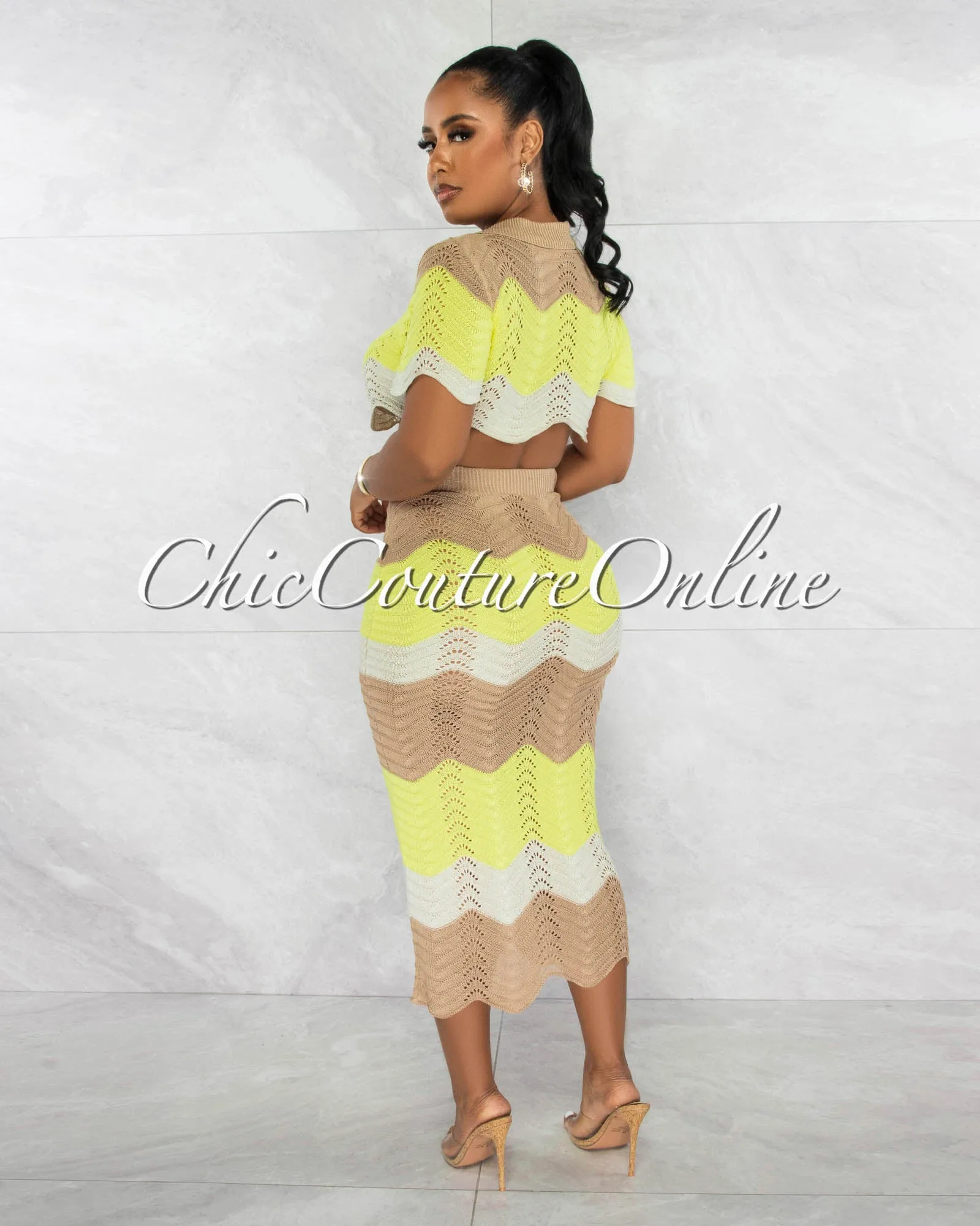 *Tiana Mocha Yellow Chevron Crop Top & Crochet Cover-Up Skirt Set sold by Chic Couture product image thumbnail 4