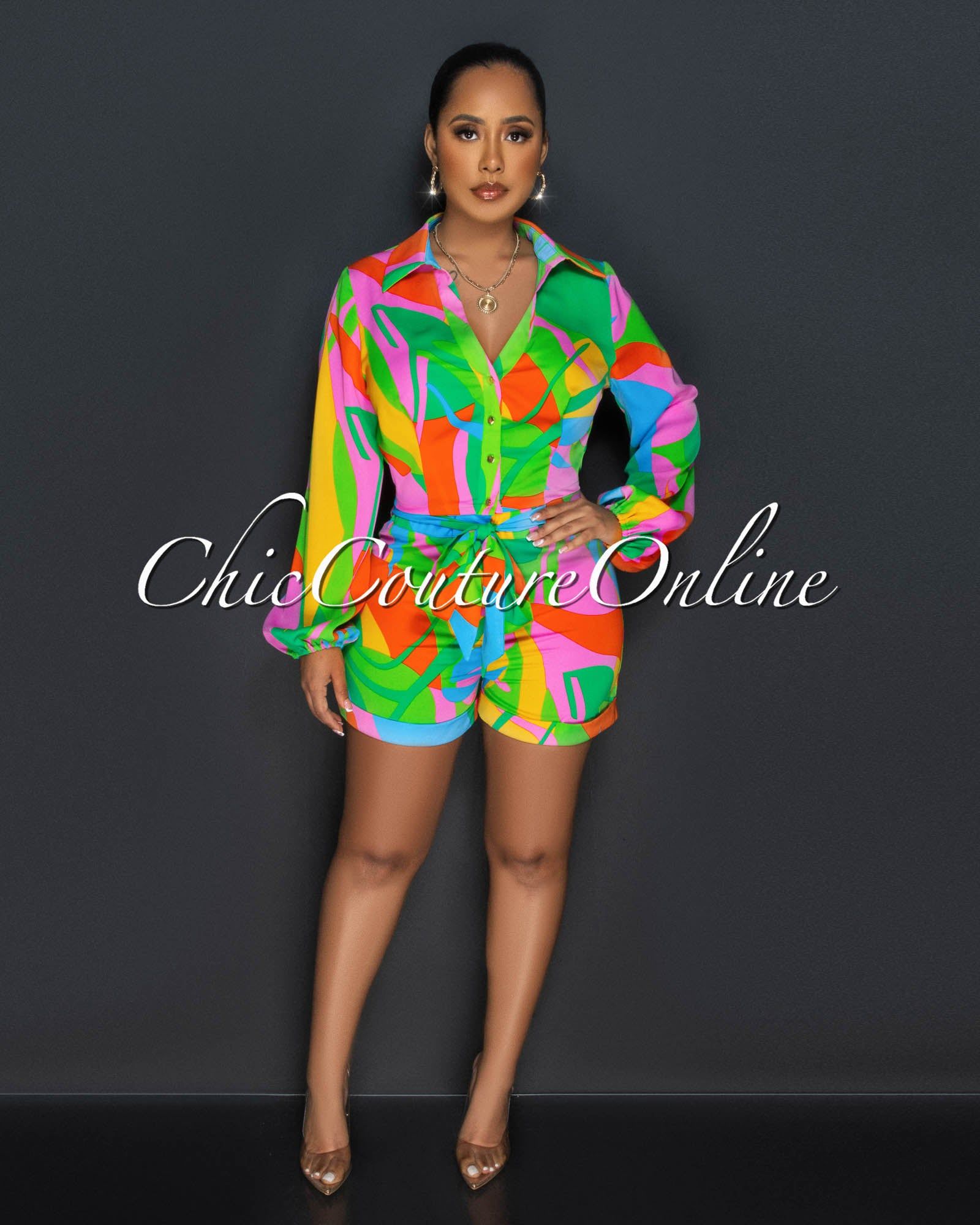 Melanie Green Multi-Color Print Buttoned Shirt & Shorts Set sold by Chic Couture