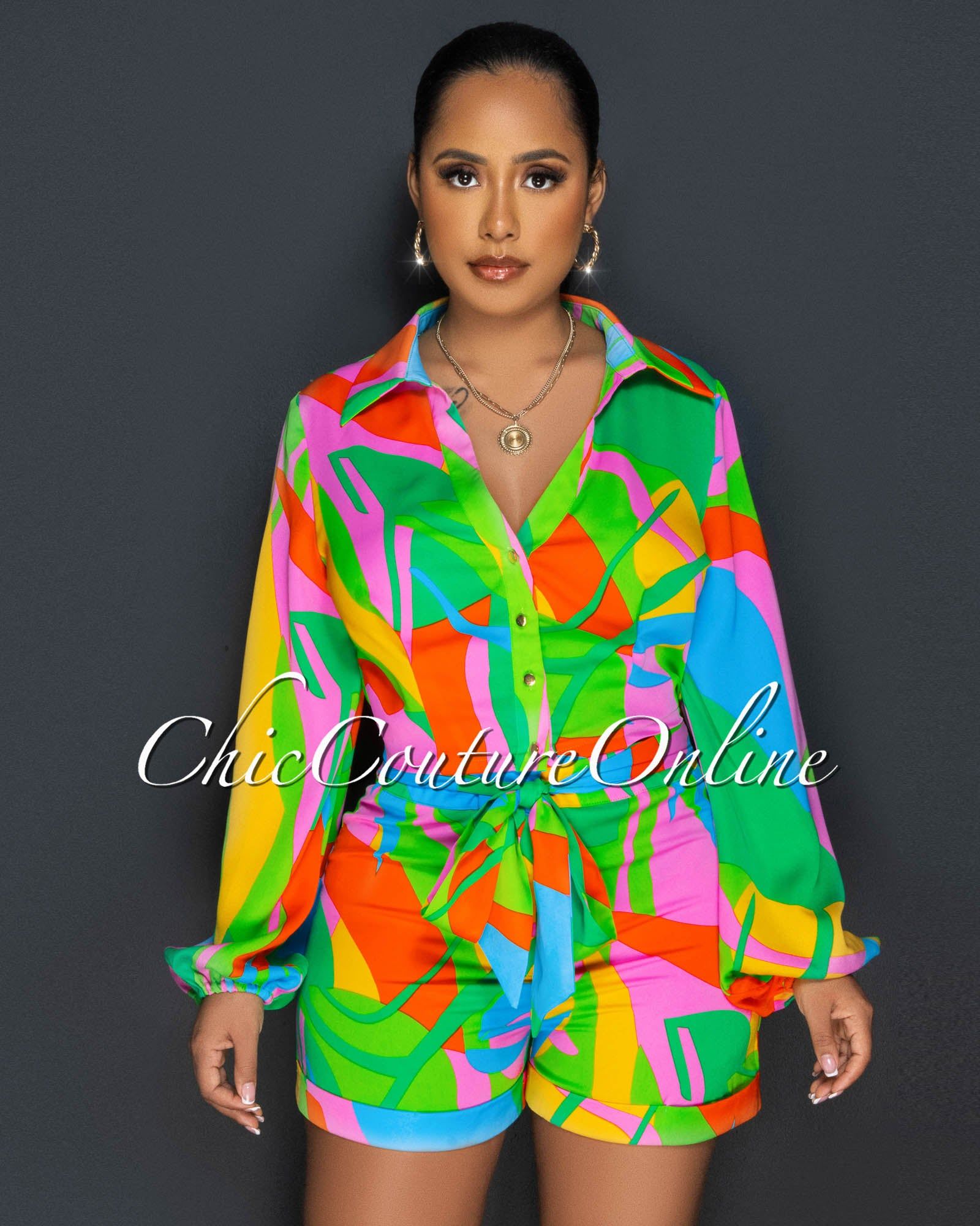 Melanie Green Multi-Color Print Buttoned Shirt & Shorts Set sold by Chic Couture product image thumbnail 4