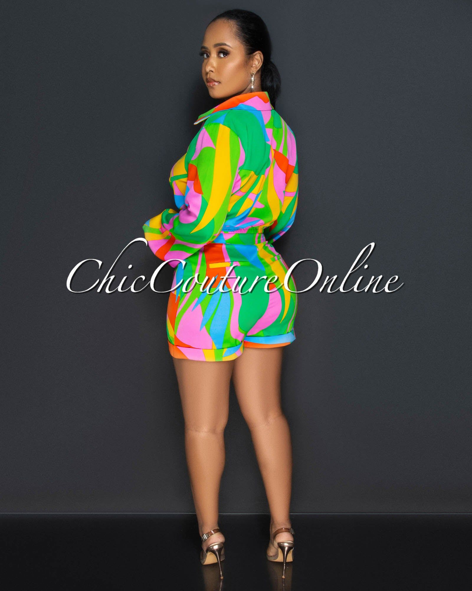 Melanie Green Multi-Color Print Buttoned Shirt & Shorts Set sold by Chic Couture product image thumbnail 3