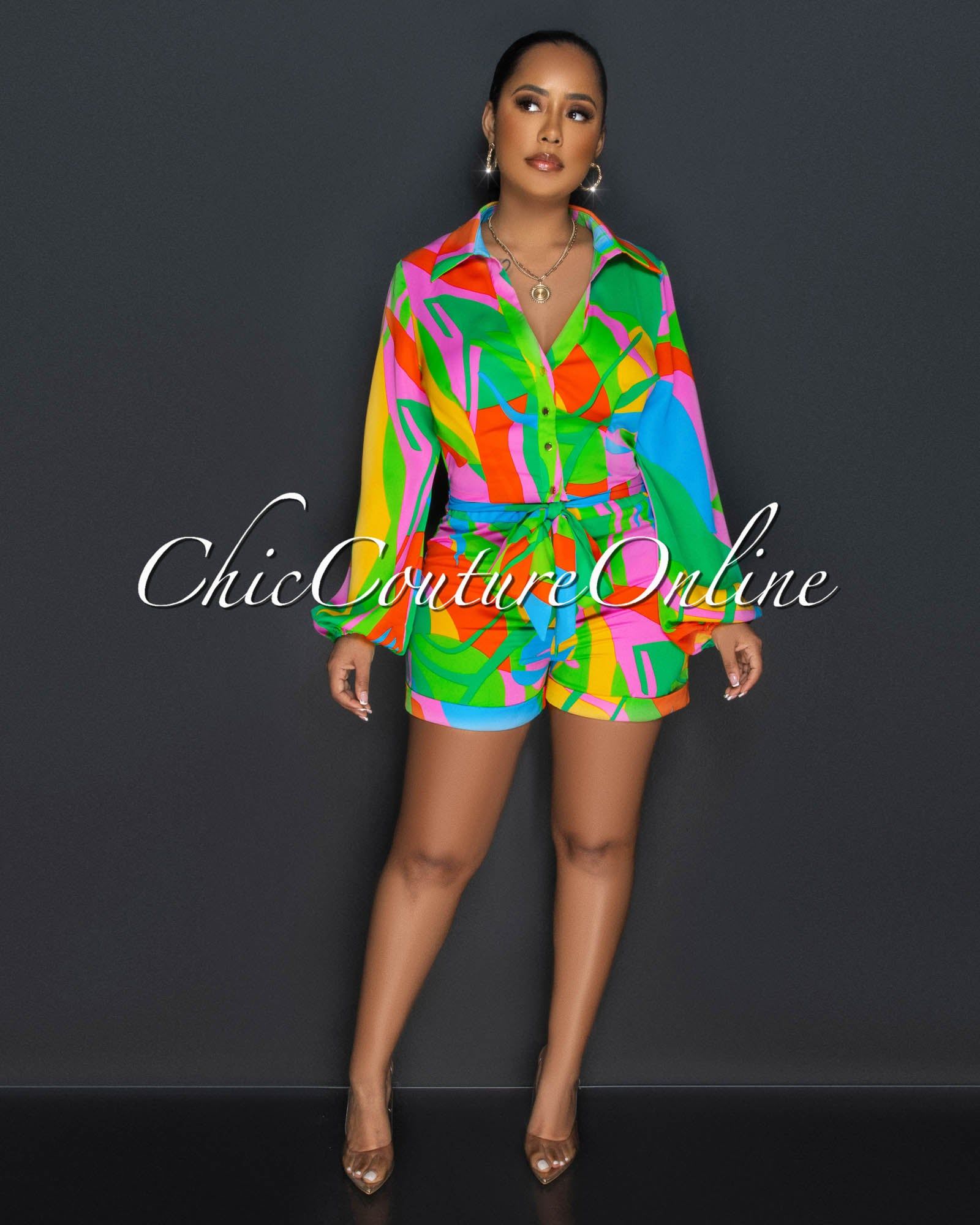 Melanie Green Multi-Color Print Buttoned Shirt & Shorts Set sold by Chic Couture product image thumbnail 2