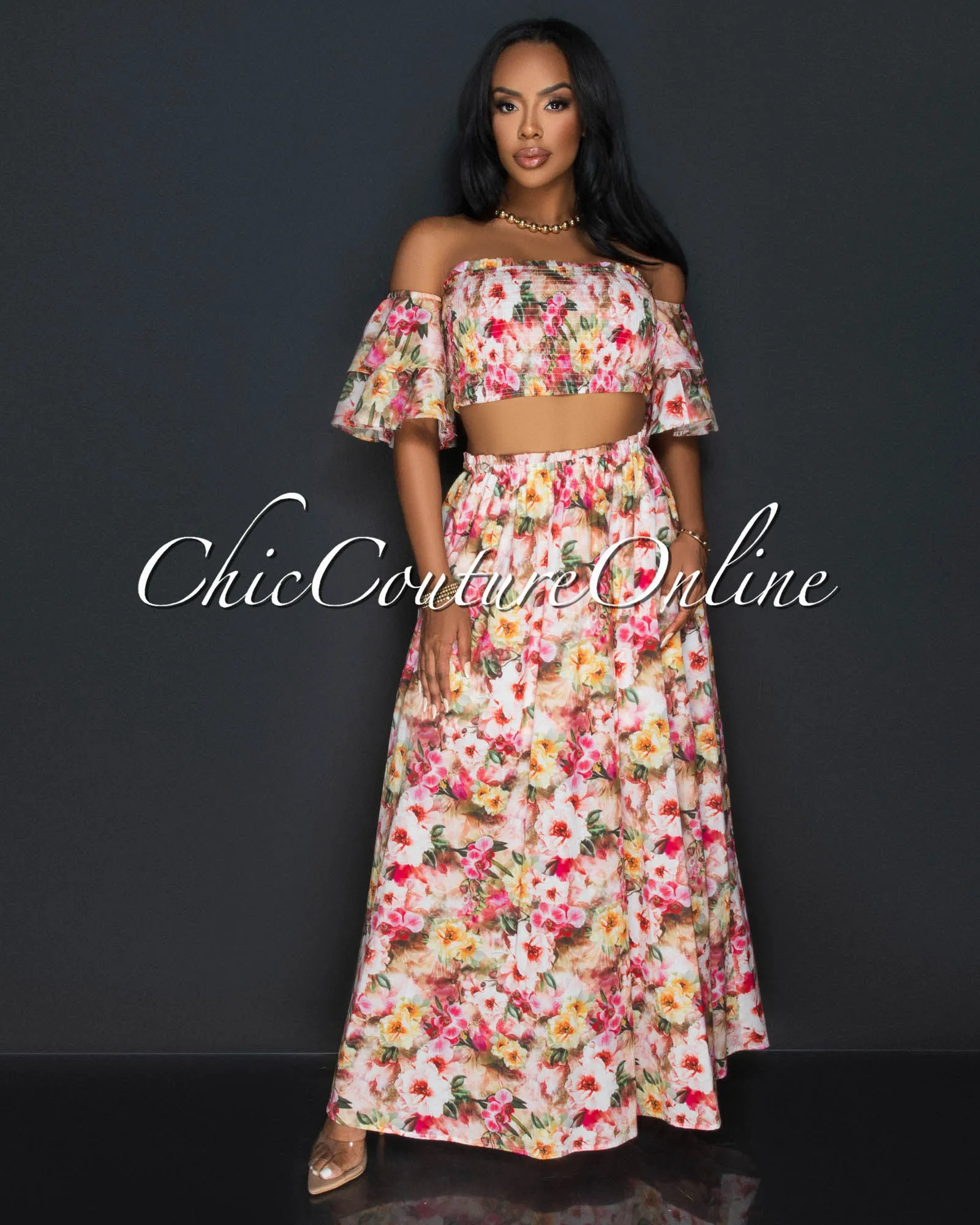 *Moka Red Floral Print Ruffle Smocked Top & Skirt Set sold by Chic Couture product image thumbnail 3