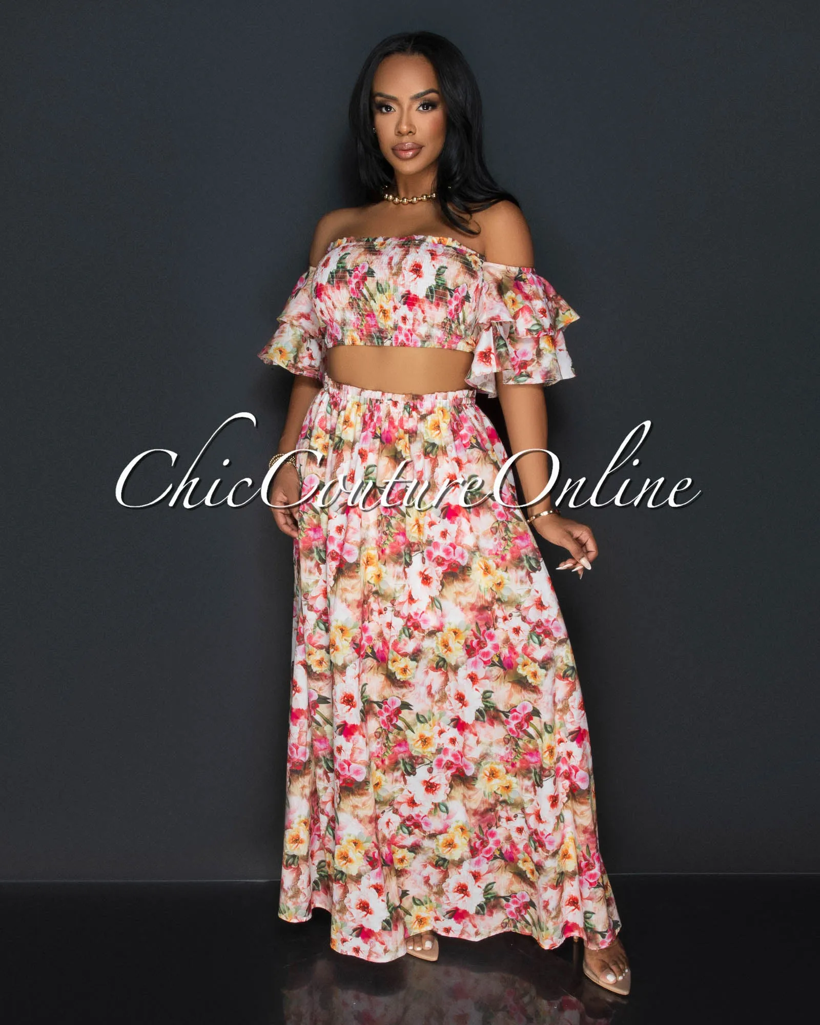 *Moka Red Floral Print Ruffle Smocked Top & Skirt Set sold by Chic Couture