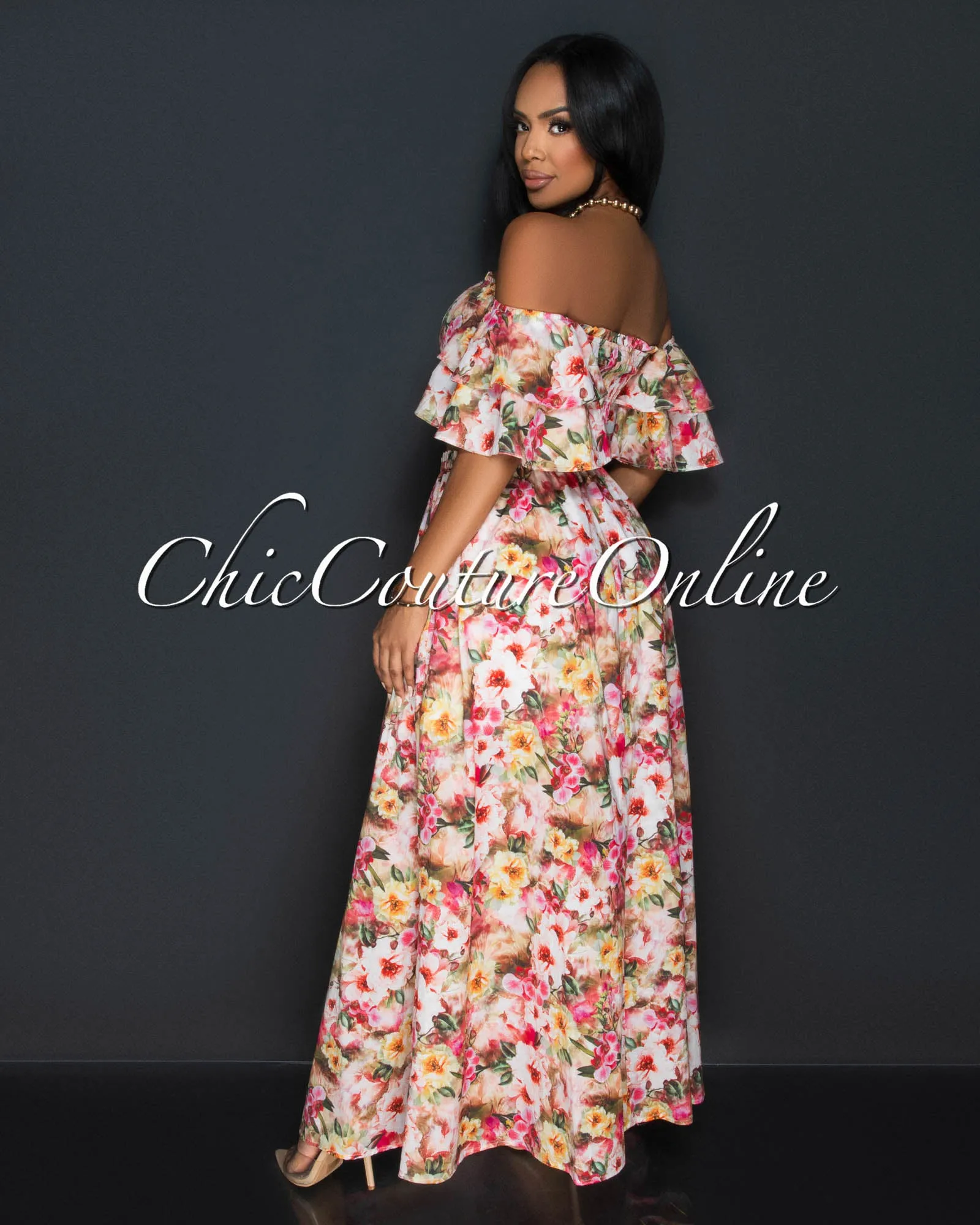 *Moka Red Floral Print Ruffle Smocked Top & Skirt Set sold by Chic Couture product image thumbnail 4