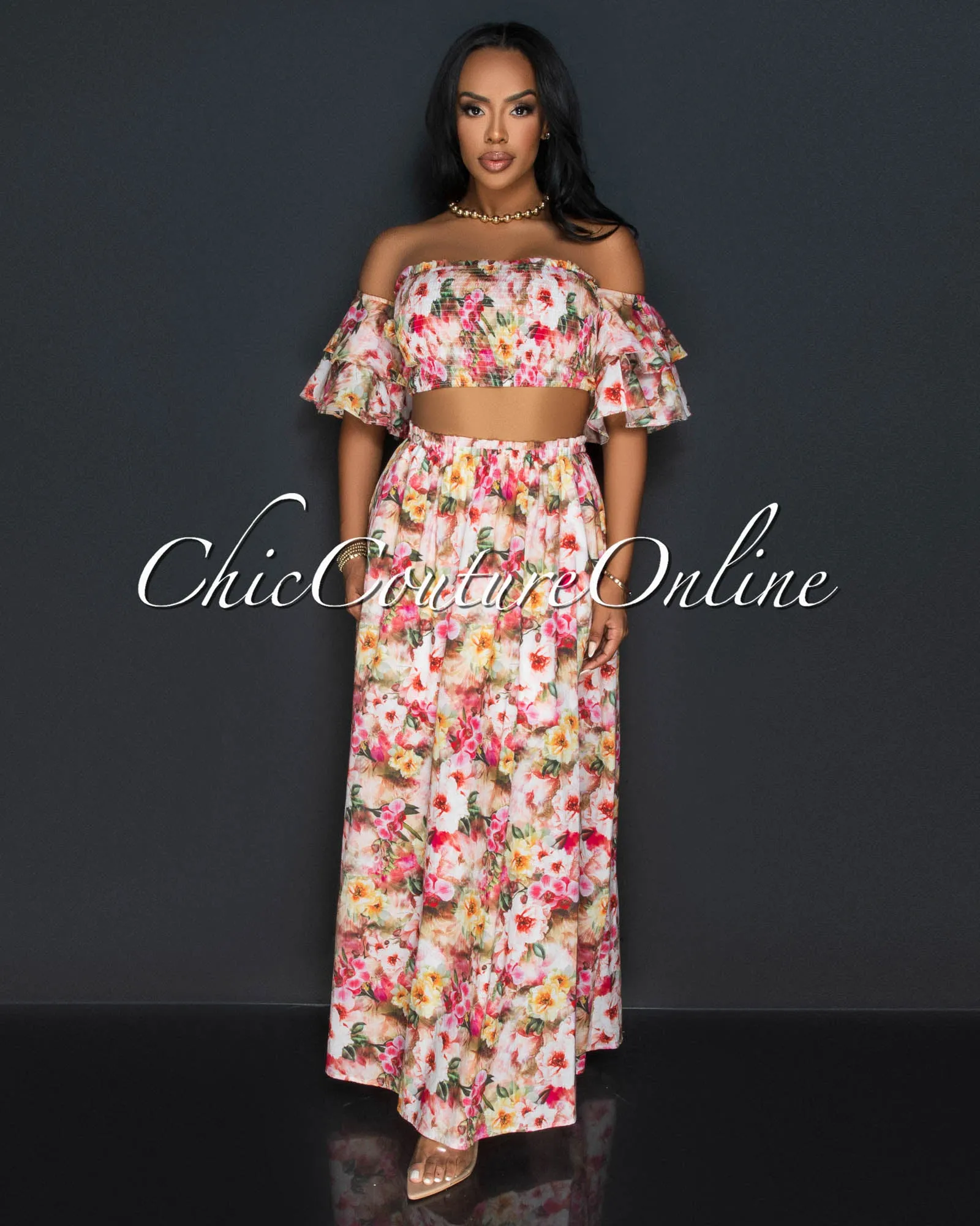 *Moka Red Floral Print Ruffle Smocked Top & Skirt Set sold by Chic Couture product image thumbnail 2