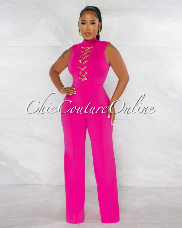 Brandy Fuchsia Gold Link Lace-Up Jumpsuit sold by Chic Couture