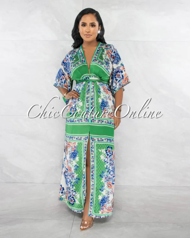 *Amabella Green Print Front Tie Kimono Maxi Silky Dress sold by Chic Couture