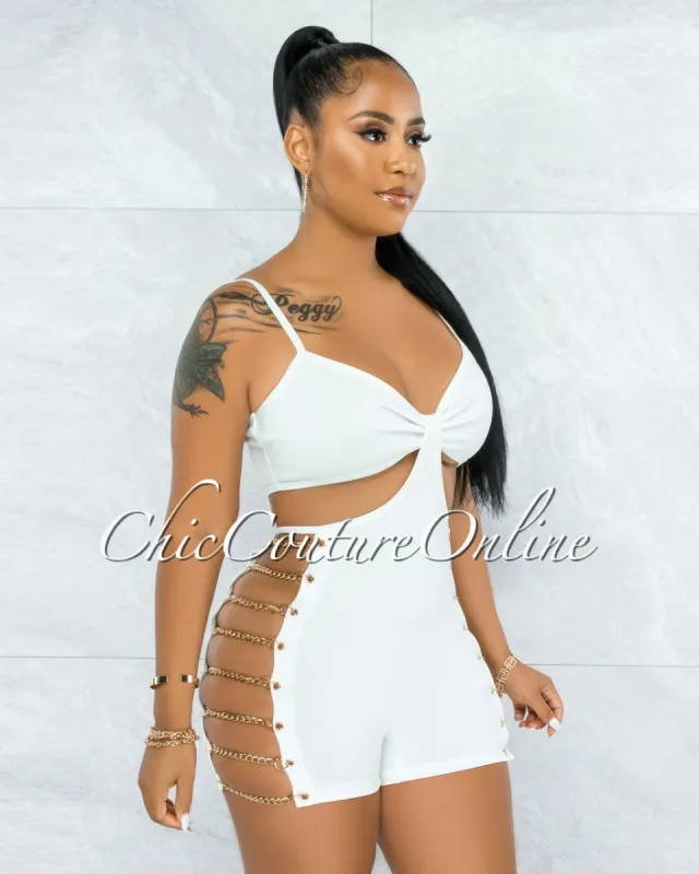 Marimar Off-White Gold Link Lace-Up Sides Romper sold by Chic Couture