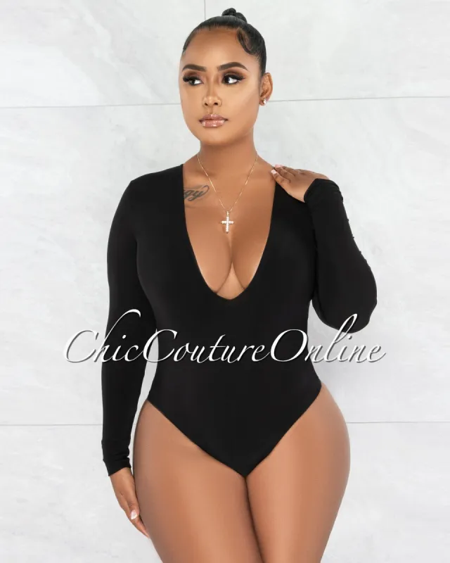 Nilam Black Depp V Neck Long Sleeves Bodysuit sold by Chic Couture
