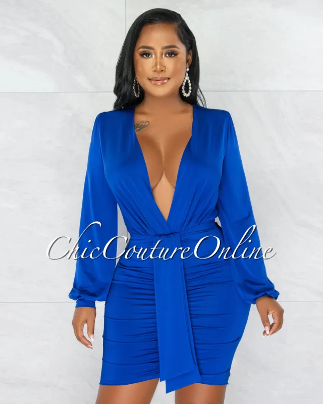 Umaya Royal Blue Draped Bodysuit & Ruched Skirt Set sold by Chic Couture