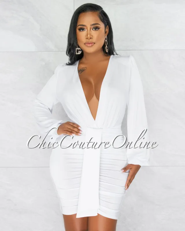 Umaya White Draped Bodysuit & Ruched Skirt Set sold by chic