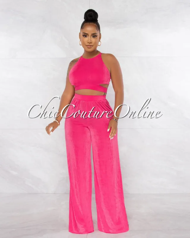 Ramona Fuchsia Multi-Way Tie Crop Top & Wide Pants Set sold by chic