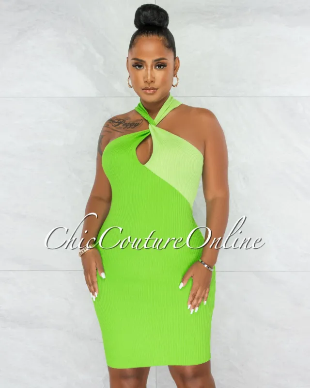 Nicola Green Two-Tone Torn Bust Ribbed Midi Dress sold by Chic Couture