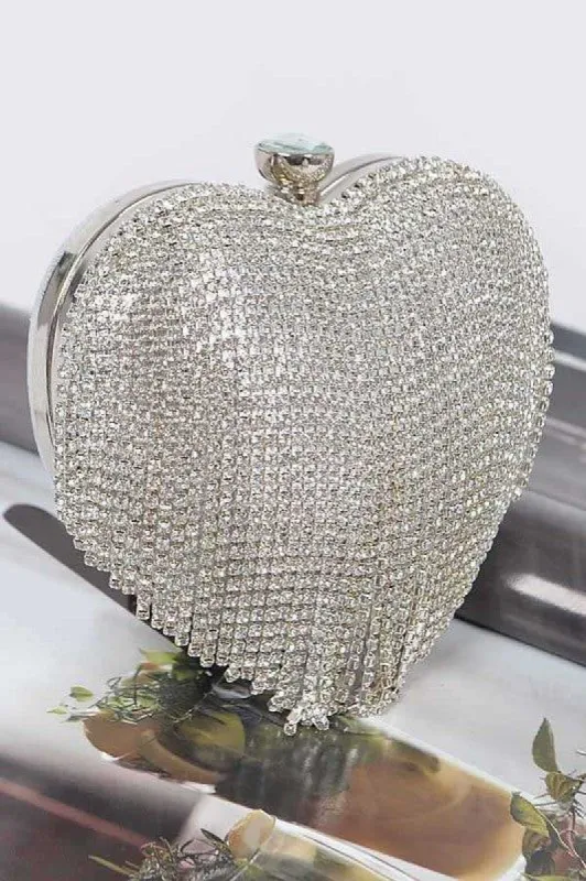 Yman Silver Fringe Rhinestone Heart Shape Clutch sold by Chic Couture