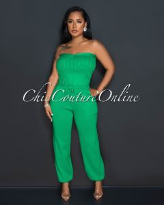 Odeth Green Strapless Crop Top & Knit Joggers Set sold by Chic Couture