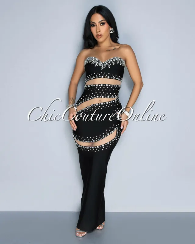 Regala Black Rhinestones Cut-Out Strapless Maxi Dress sold by Chic Couture