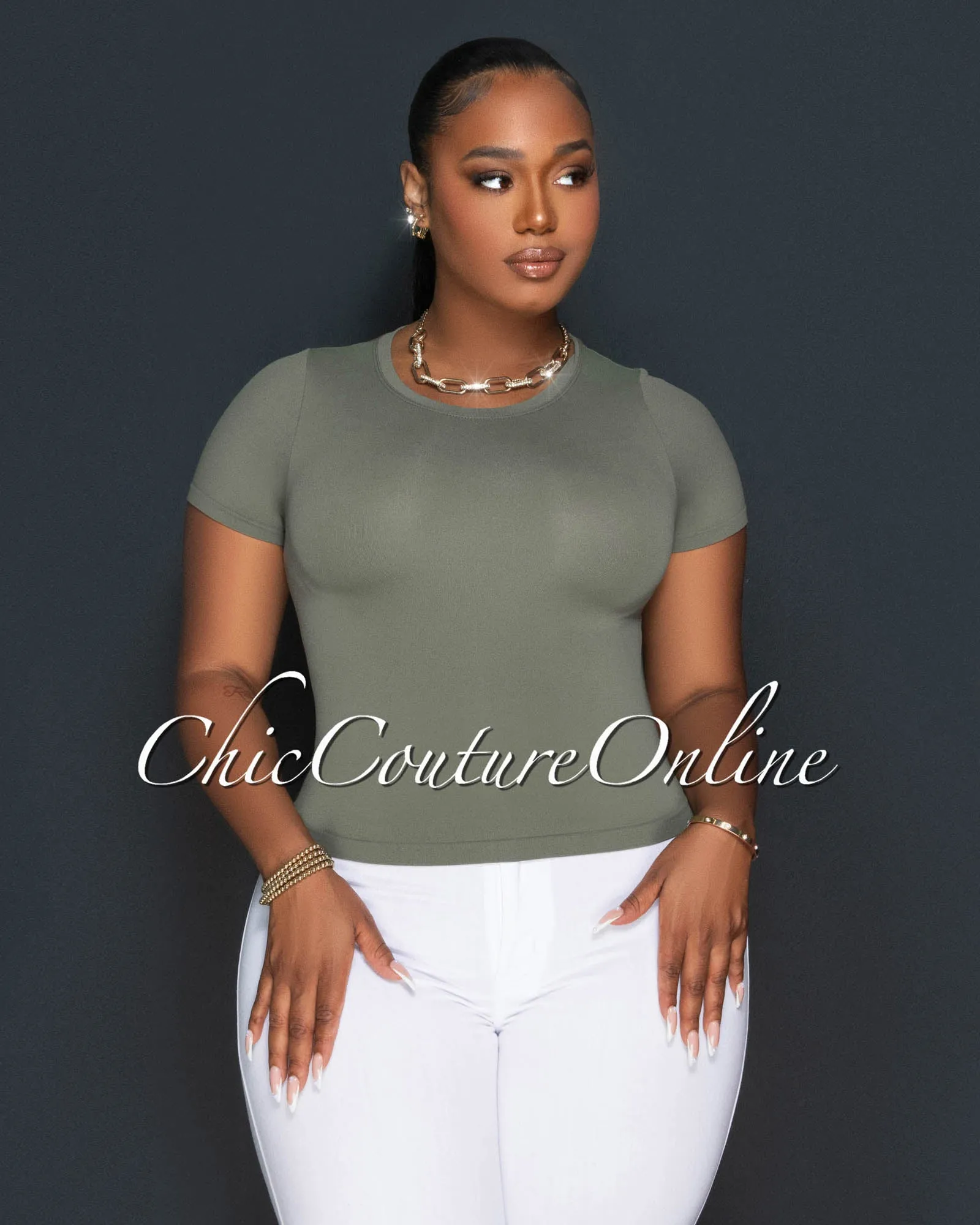 Lona Olive Green Round Neck Crop Top sold by Chic Couture