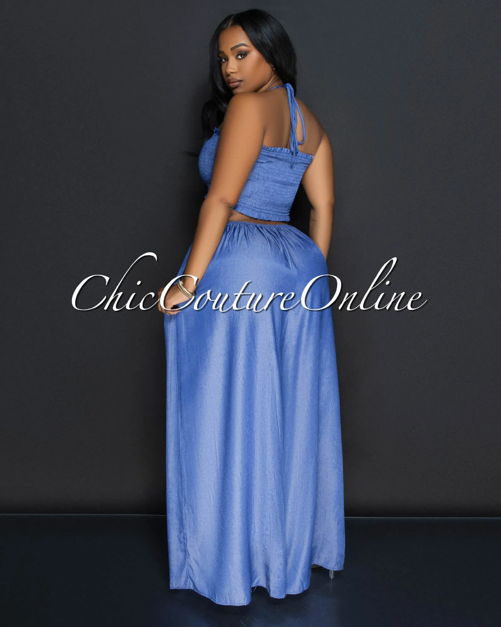 Taliah Dark Blue Chambray Smocked Top Jumpsuit sold by Chic Couture product image thumbnail 3