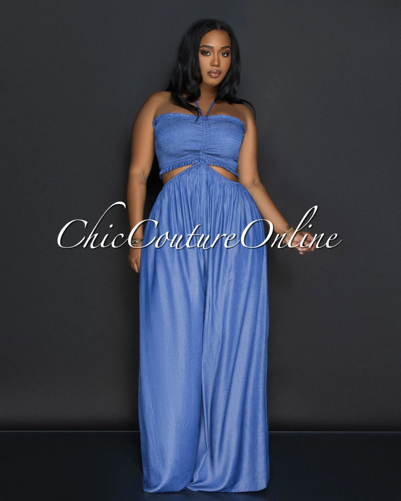 Taliah Dark Blue Chambray Smocked Top Jumpsuit sold by Chic Couture