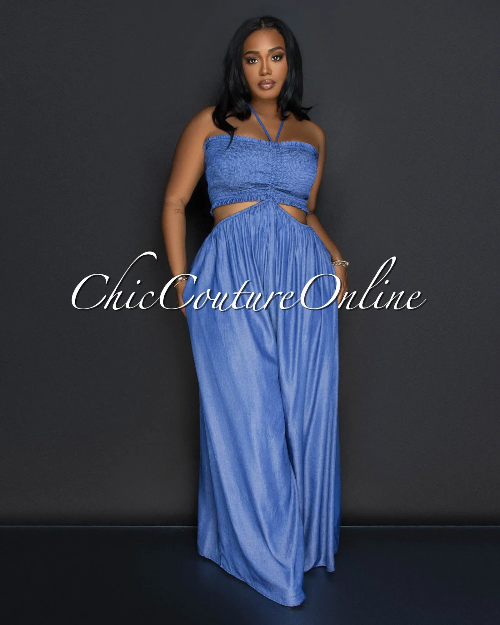 Taliah Dark Blue Chambray Smocked Top Jumpsuit sold by Chic Couture product image thumbnail 2