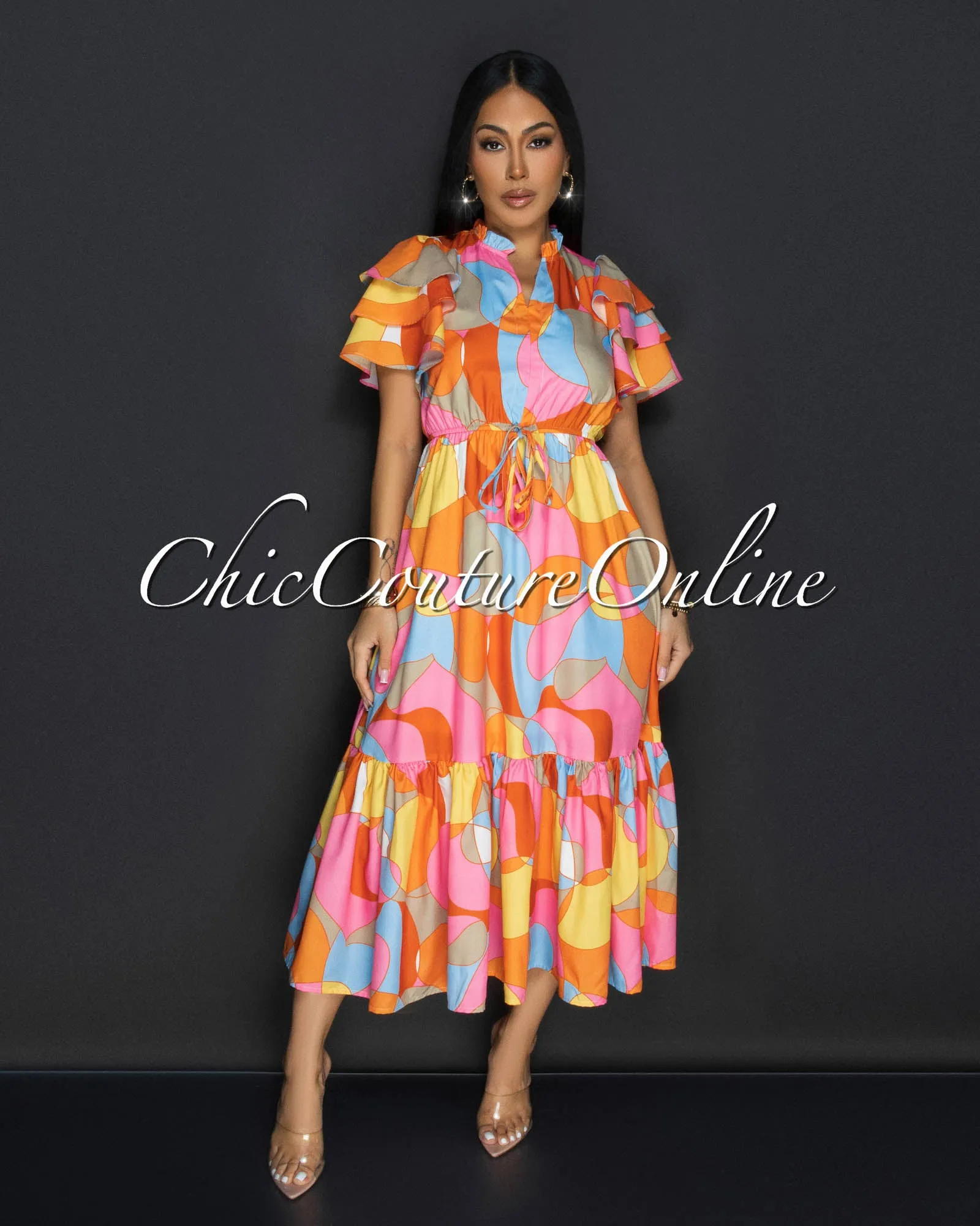 Kora Pink Multi-Color Ruffle Midi Dress sold by Chic Couture