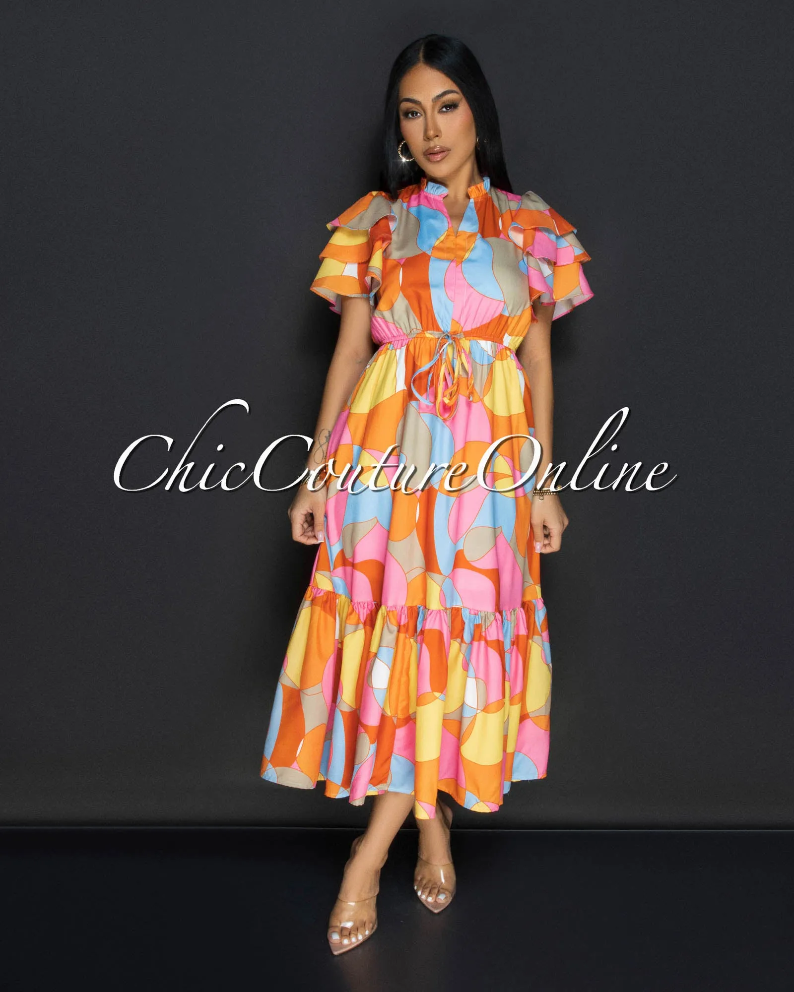 Kora Pink Multi-Color Ruffle Midi Dress sold by Chic Couture product image thumbnail 2