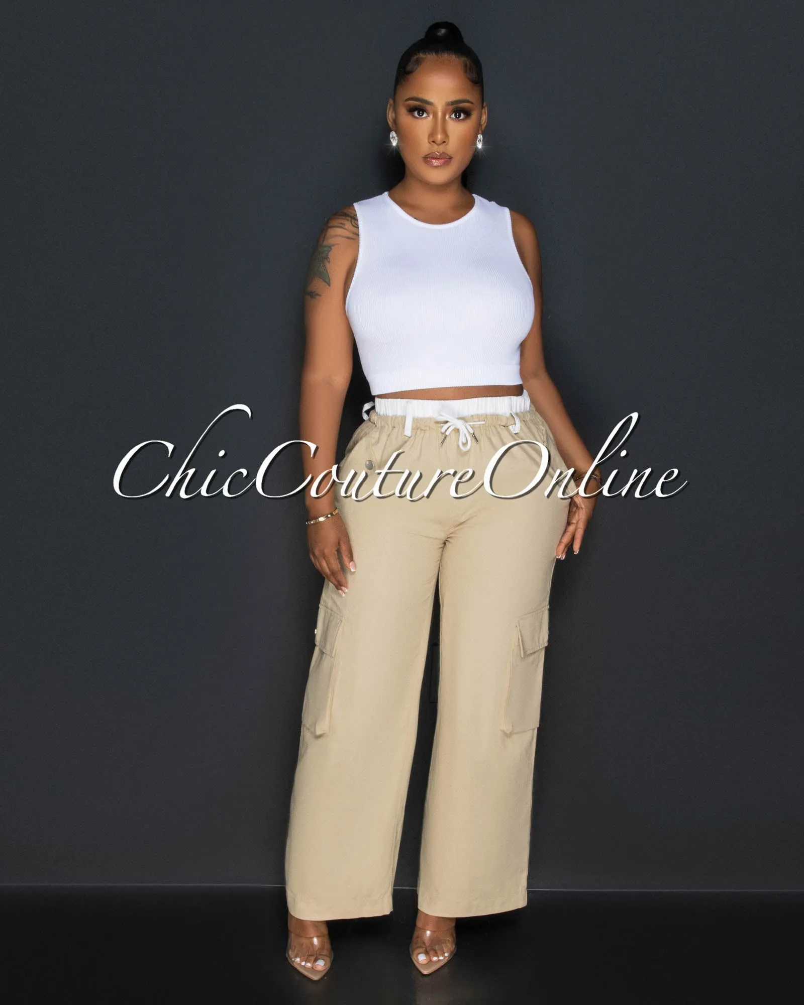 *Bolette Nude Drawstring Wide Legs Cargo Pants sold by Chic Couture