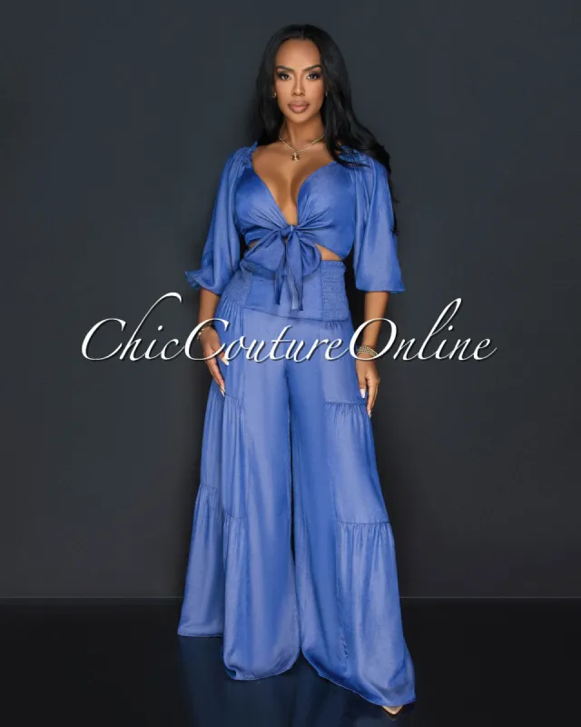 Sukima Blue Front Tie Top & Wide Pants Chambray Set sold by Chic Couture