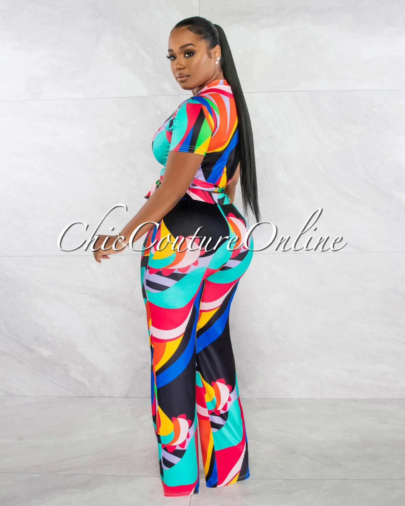 *Eileen Multi-Color Waist Tie Crop Top & Wide Pants Set sold by Chic Couture product image thumbnail 3