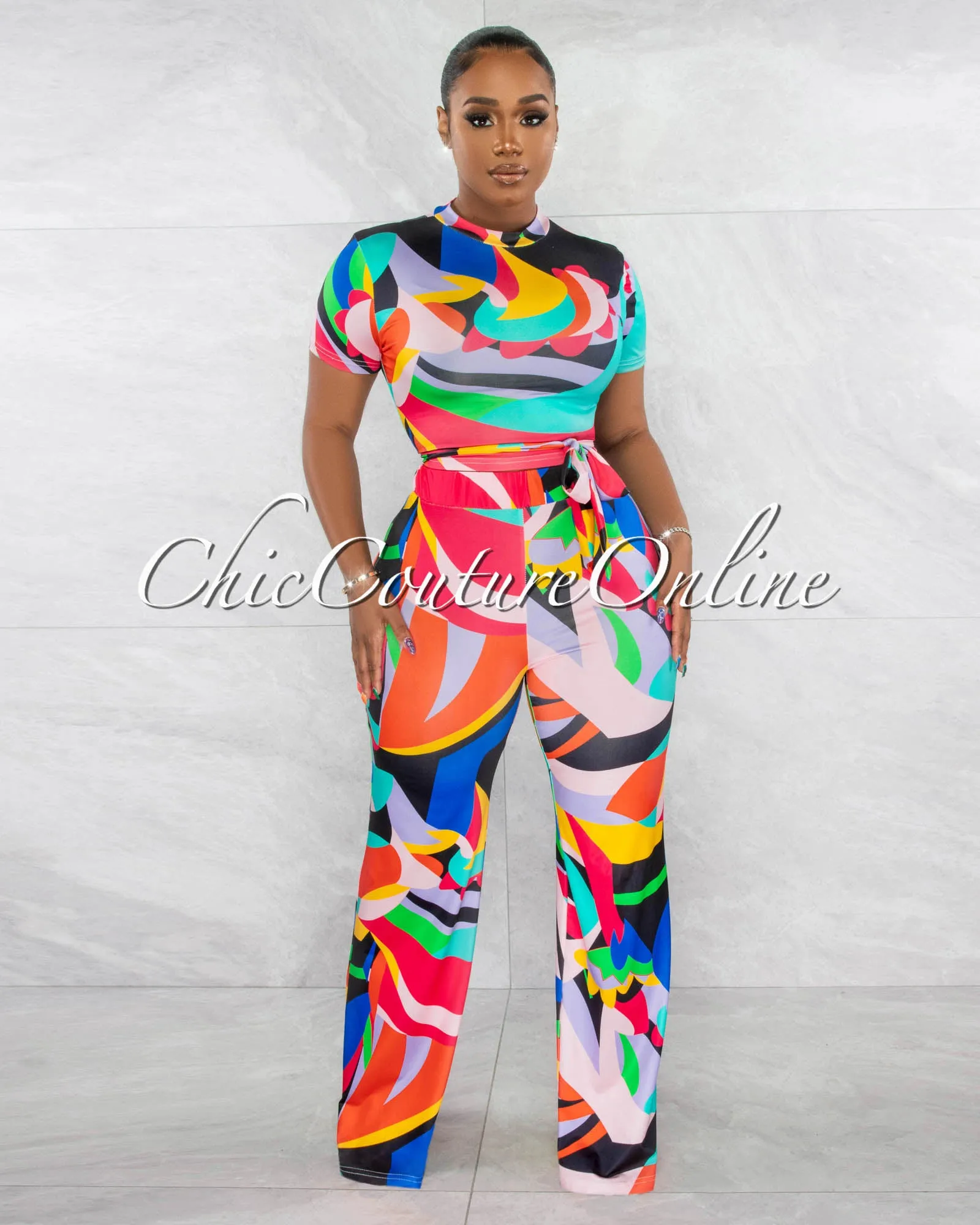 *Eileen Multi-Color Waist Tie Crop Top & Wide Pants Set sold by Chic Couture product image thumbnail 2