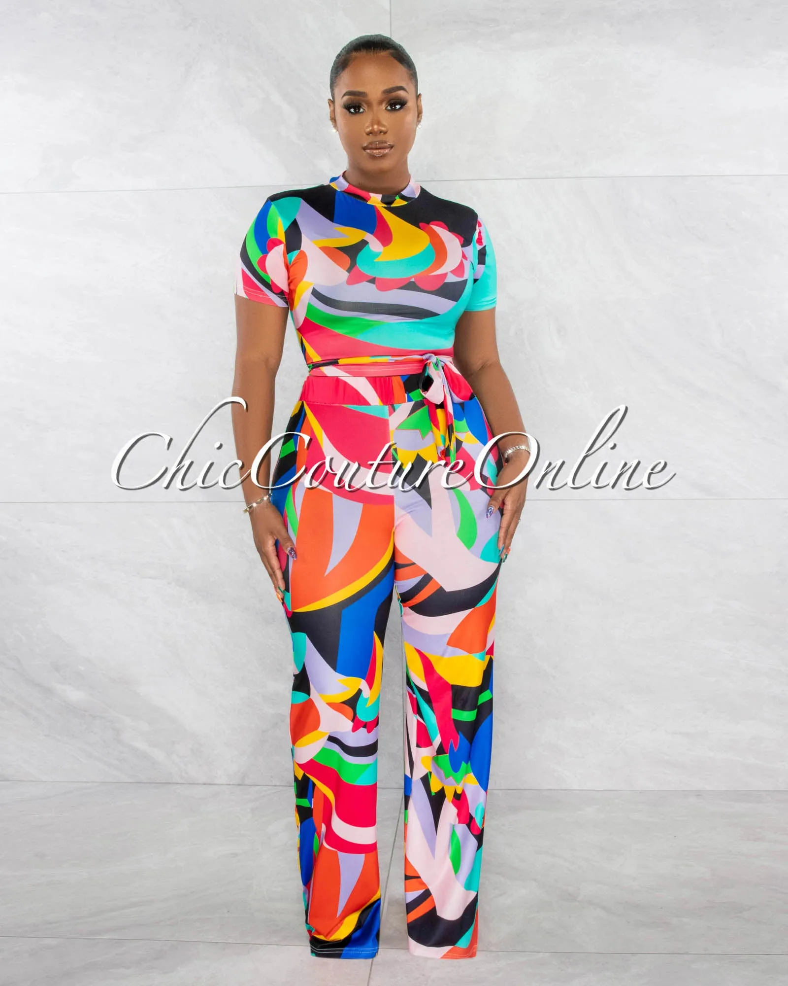 *Eileen Multi-Color Waist Tie Crop Top & Wide Pants Set sold by Chic Couture