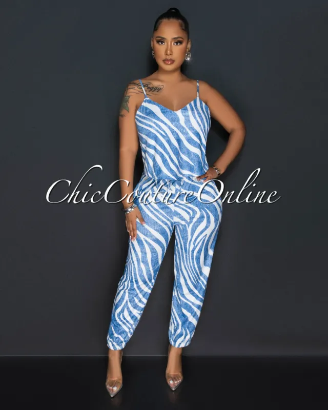 Lorne Blue White Print Crop Top & Joggers Set sold by Chic Couture