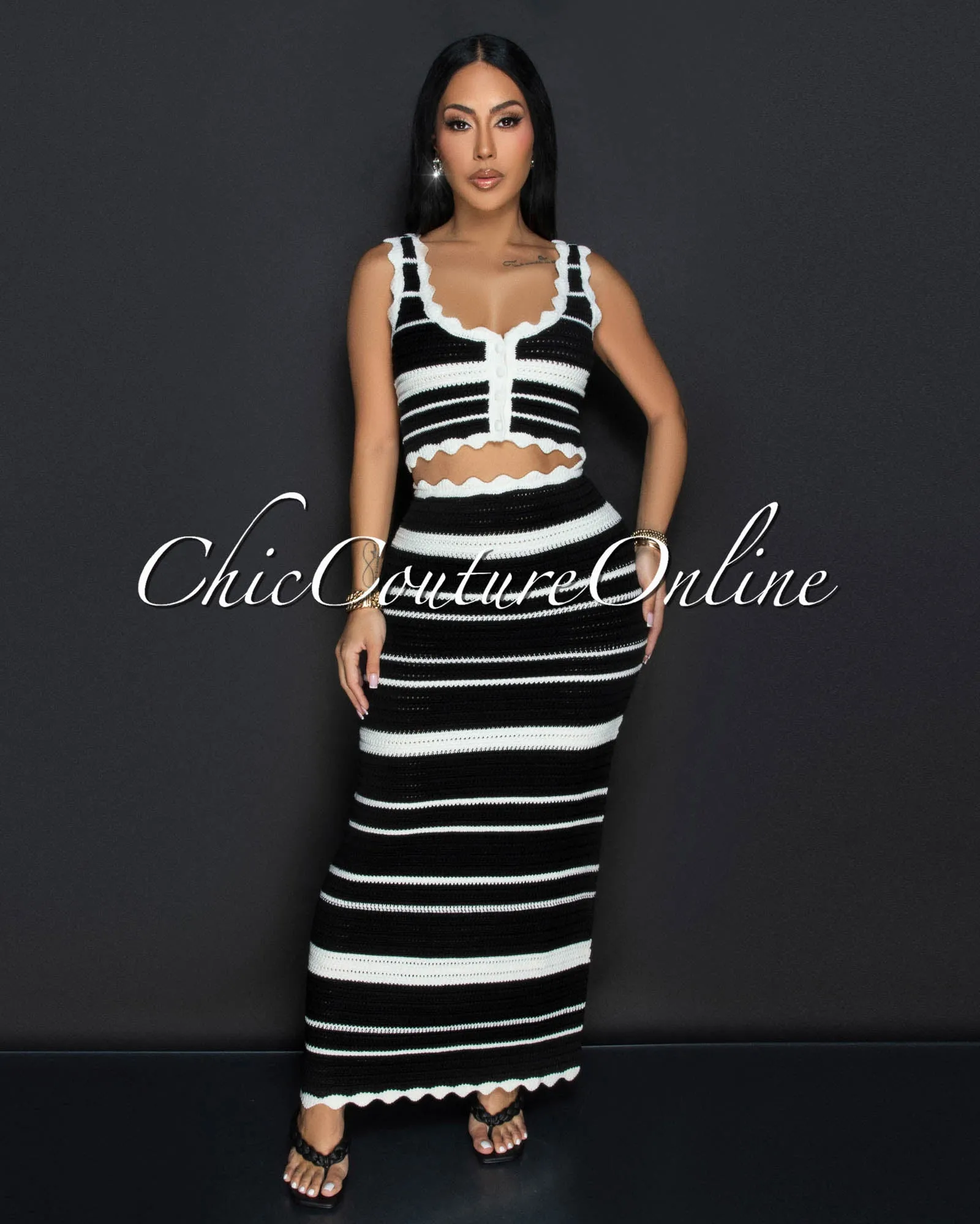 *Karifa Black Ivory Crop Top & Maxi Skirt Crochet Set sold by Chic Couture