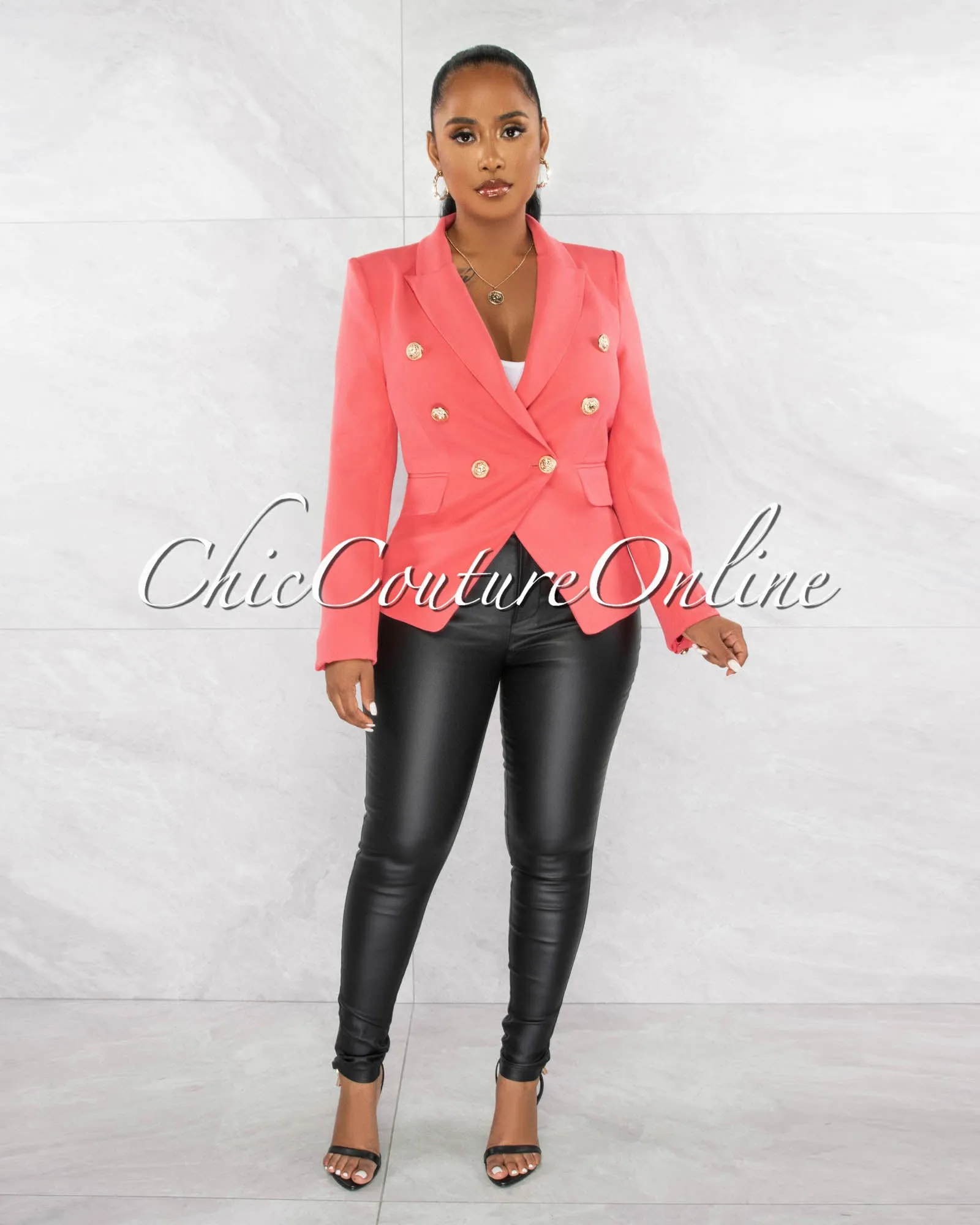 Zack Coral Double Trench Gold Buttons Blazer sold by Chic Couture product image thumbnail 3