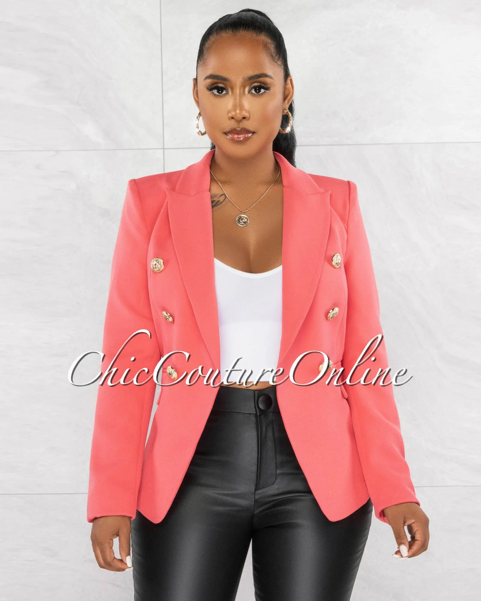 Zack Coral Double Trench Gold Buttons Blazer sold by Chic Couture