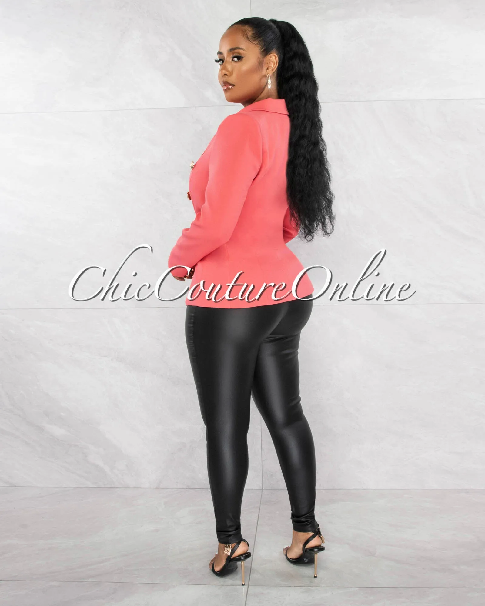 Zack Coral Double Trench Gold Buttons Blazer sold by Chic Couture product image thumbnail 4