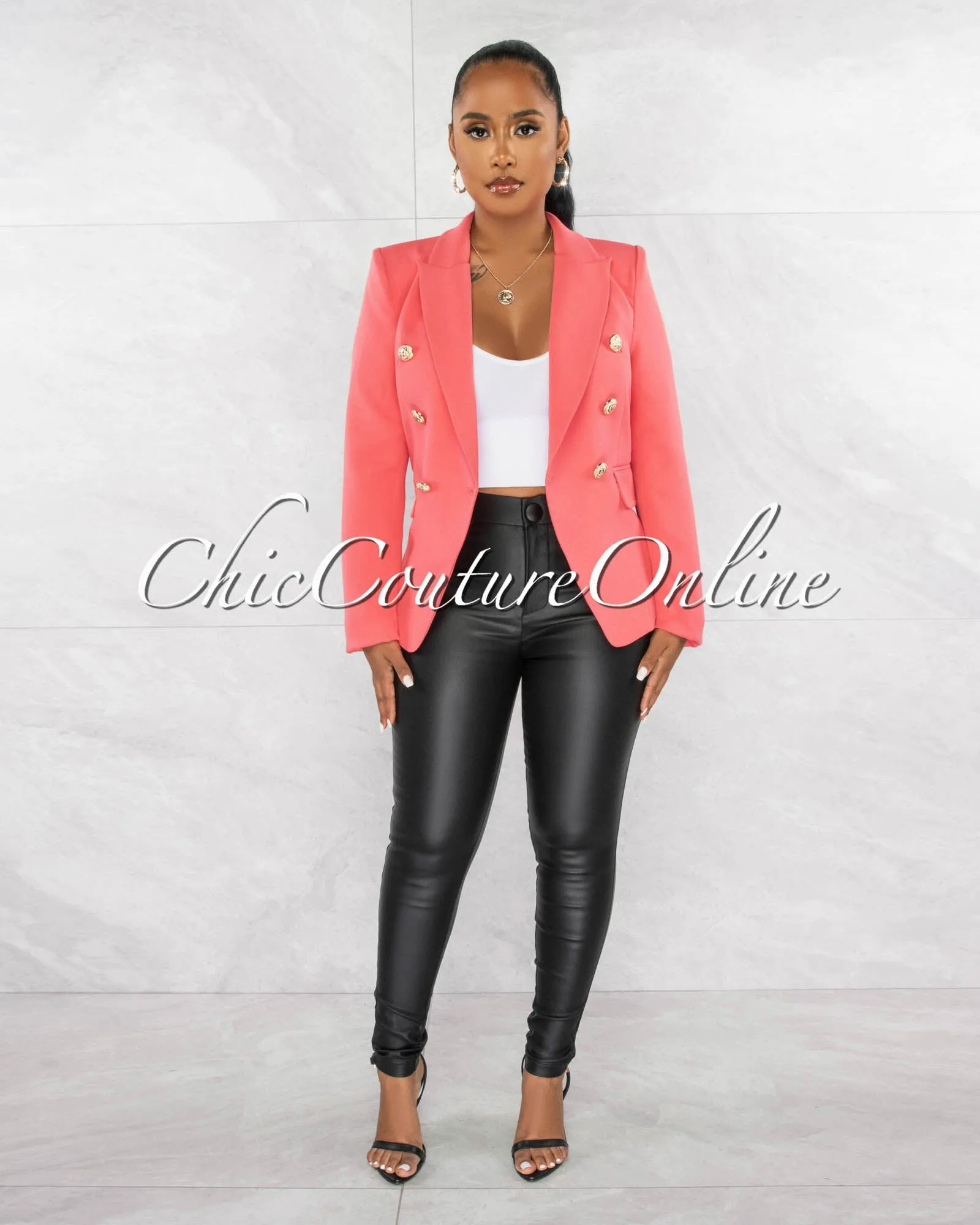 Zack Coral Double Trench Gold Buttons Blazer sold by Chic Couture product image thumbnail 2