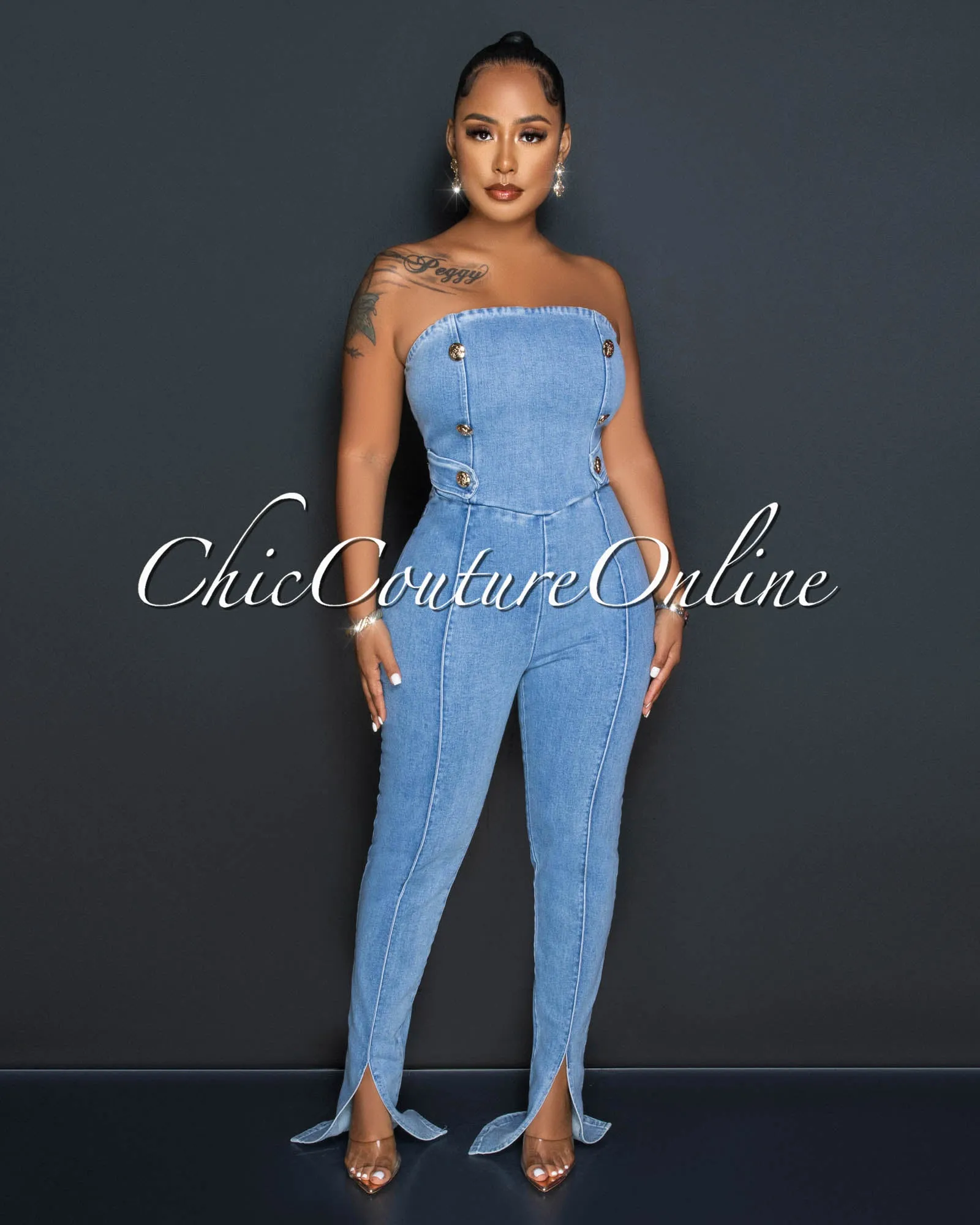 *Morgan Light Denim Gold Buttons Strapless Jumpsuit sold by Chic Couture