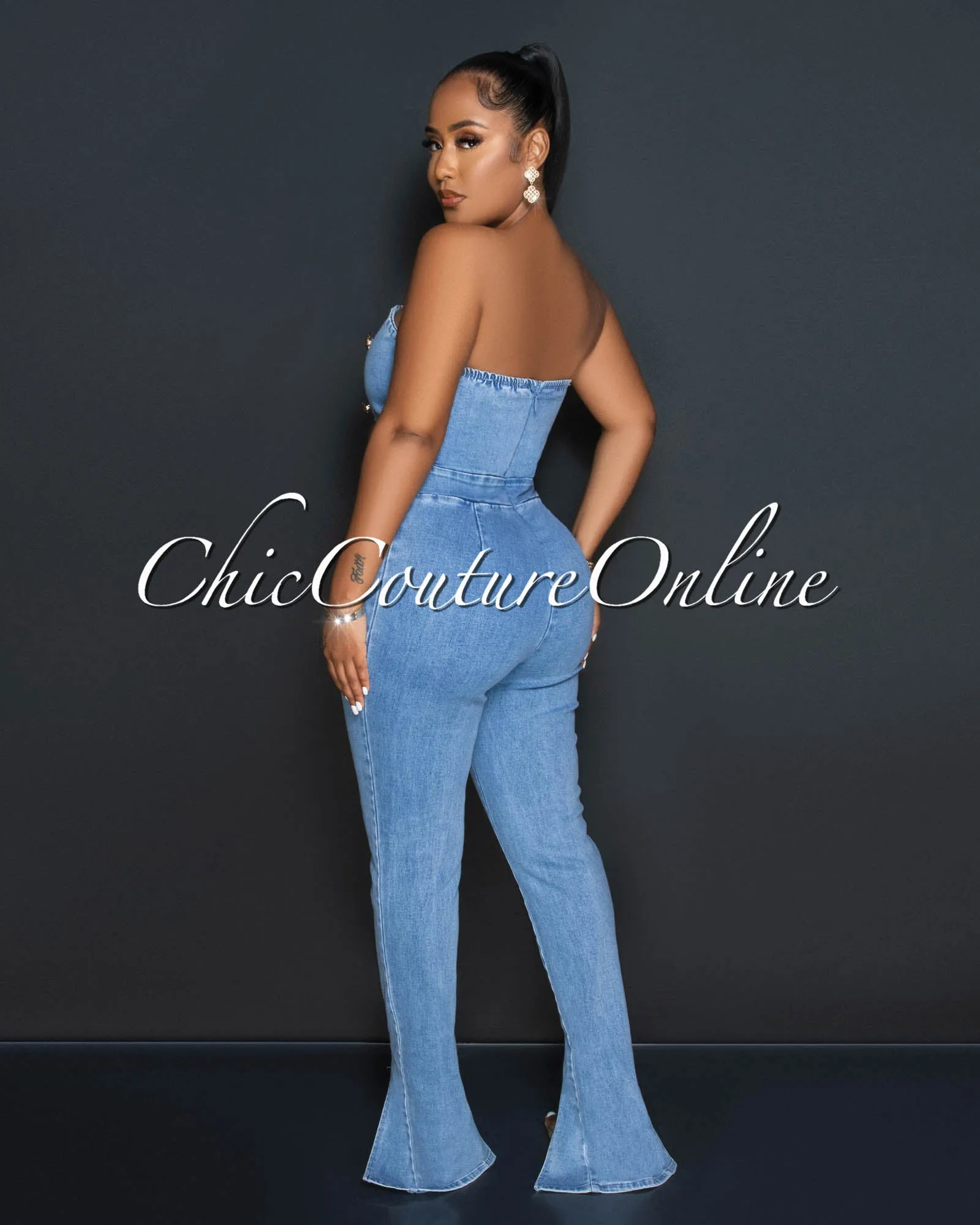 *Morgan Light Denim Gold Buttons Strapless Jumpsuit sold by Chic Couture product image thumbnail 3