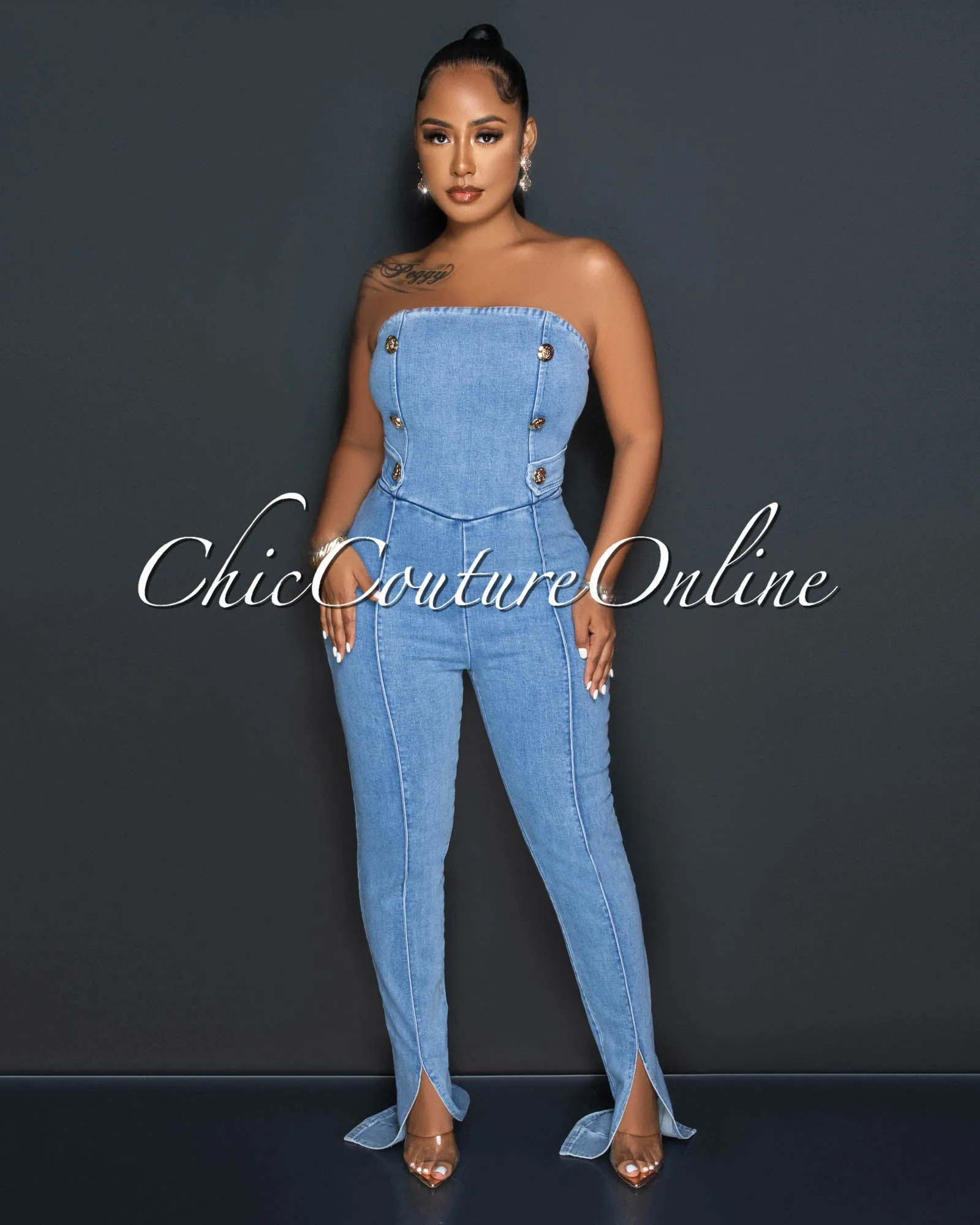 *Morgan Light Denim Gold Buttons Strapless Jumpsuit sold by Chic Couture product image thumbnail 2