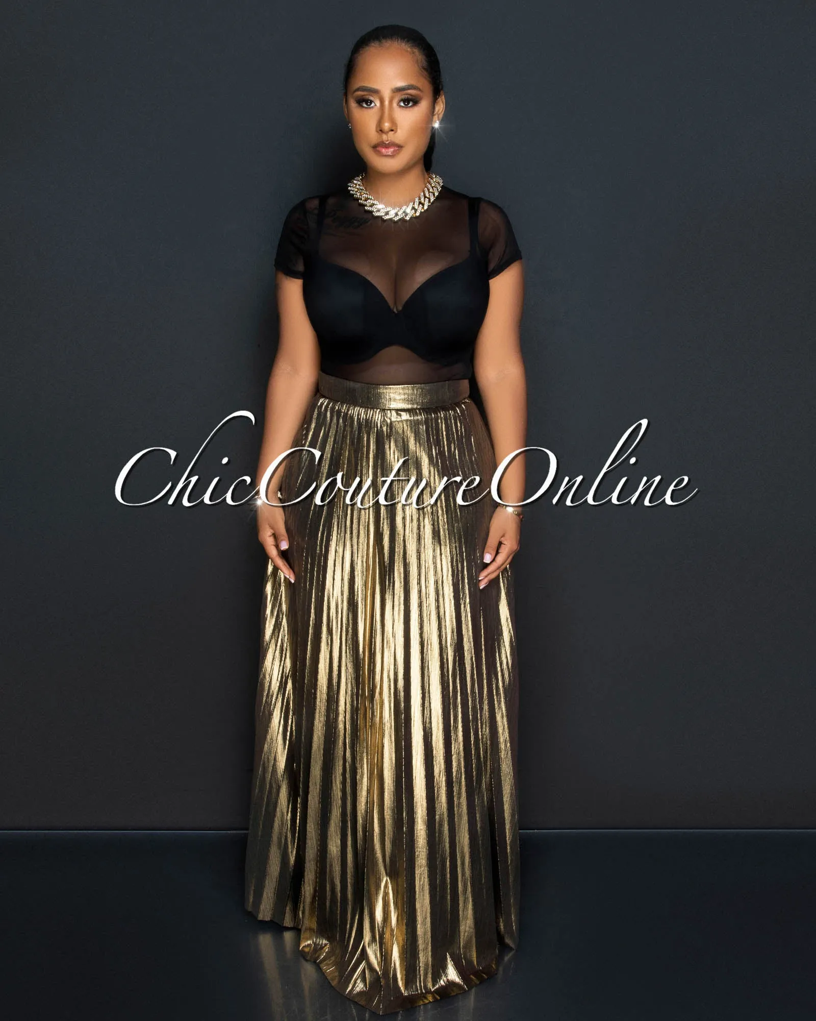 *Olina Gold Shimmer Pleated Maxi Skirt sold by Chic Couture