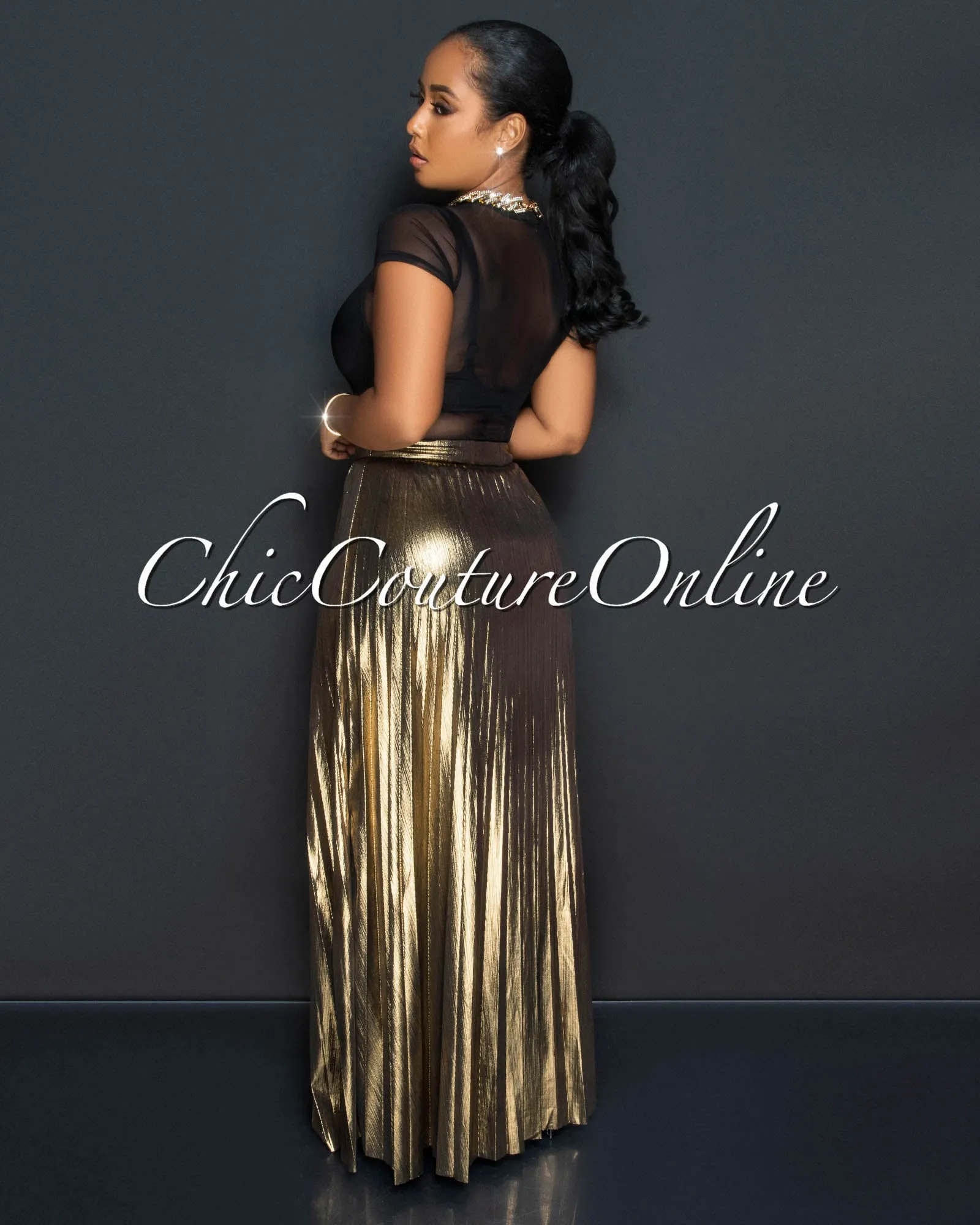 *Olina Gold Shimmer Pleated Maxi Skirt sold by Chic Couture product image thumbnail 3