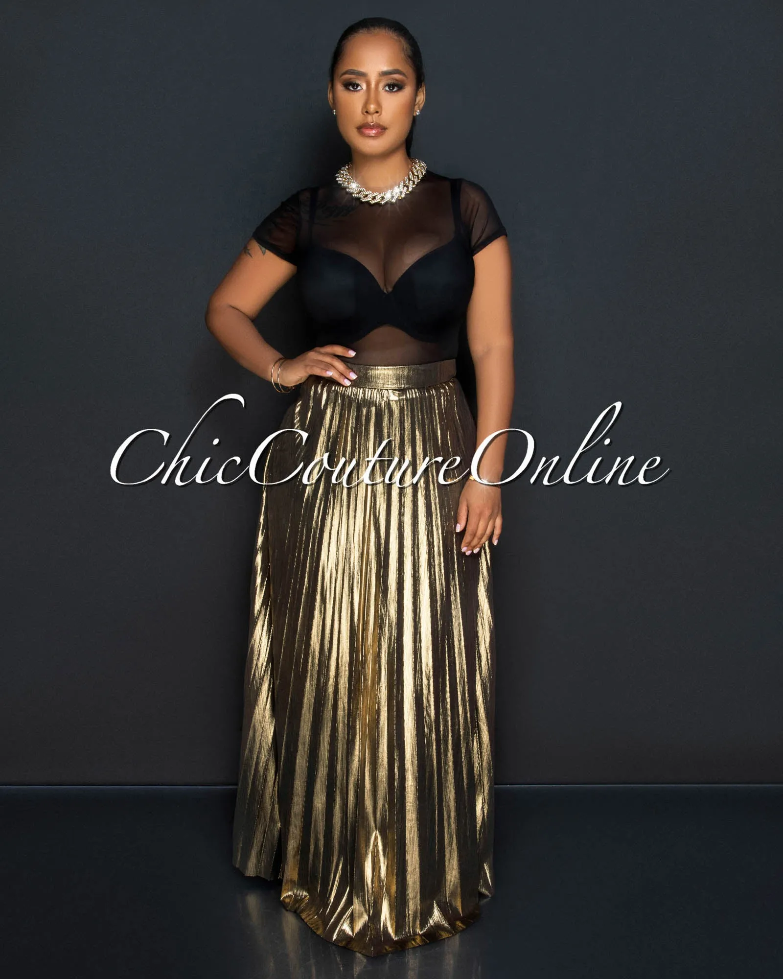 *Olina Gold Shimmer Pleated Maxi Skirt sold by Chic Couture product image thumbnail 2