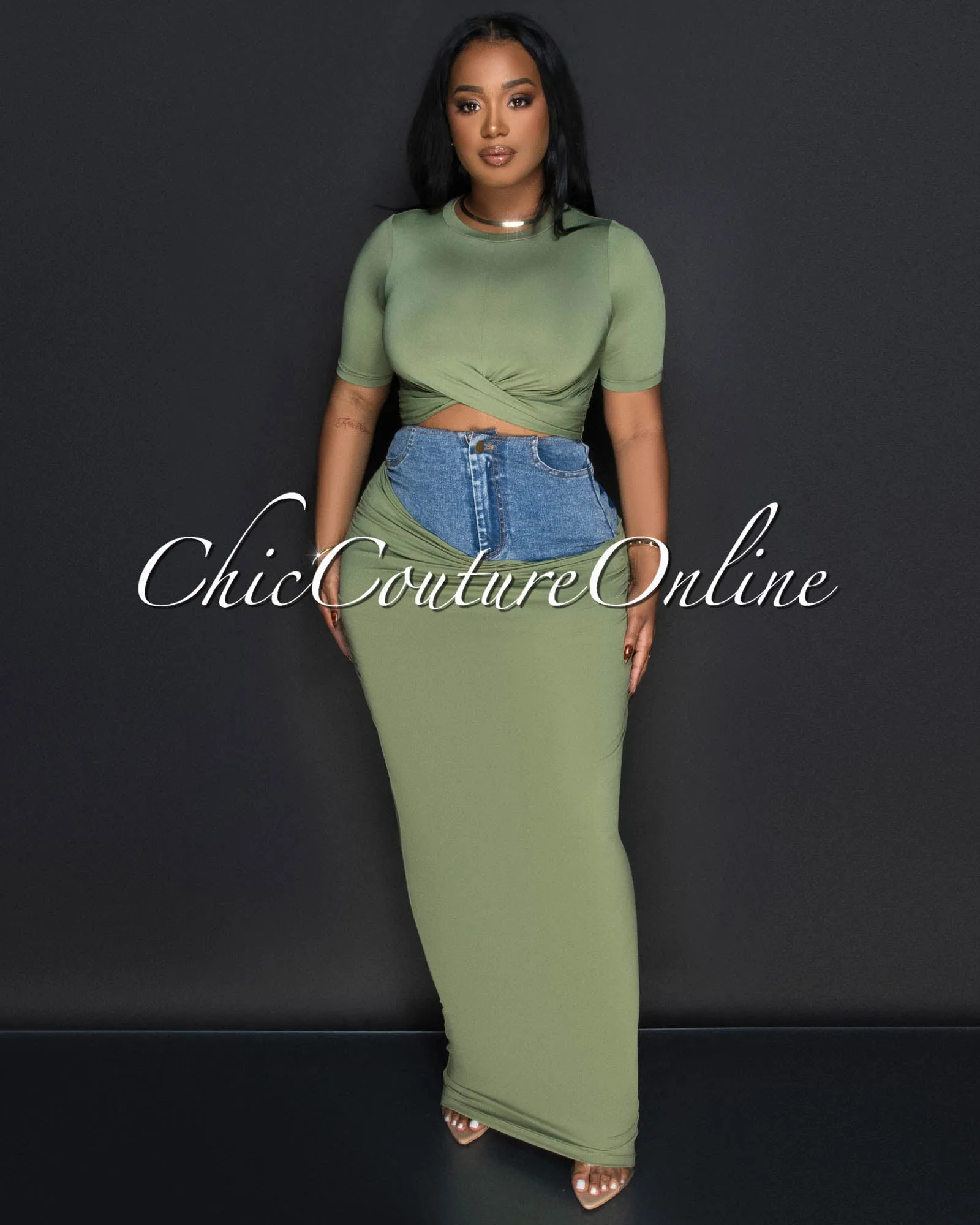 Parish Olive Green Blue Denim Crop Top & Maxi Skirt Set sold by Chic Couture product image thumbnail 2