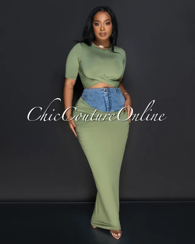 Parish Olive Green Blue Denim Crop Top & Maxi Skirt Set sold by Chic Couture
